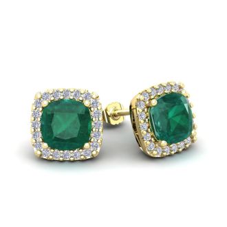 2 1/2 Carat Cushion Cut Emerald and Halo Diamond Stud Earrings In 14 Karat Yellow Gold