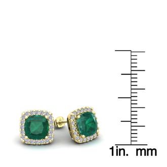 2 1/2 Carat Cushion Cut Emerald and Halo Diamond Stud Earrings In 14 Karat Yellow Gold