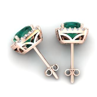 2 1/2 Carat Cushion Cut Emerald and Halo Diamond Stud Earrings In 14 Karat Rose Gold