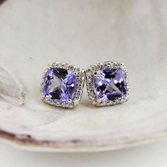 2 1/4 Carat Cushion Cut Tanzanite and Halo Diamond Stud Earrings In 14 Karat White Gold