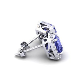 2 1/4 Carat Cushion Cut Tanzanite and Halo Diamond Stud Earrings In 14 Karat White Gold