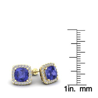 2 1/4 Carat Cushion Cut Tanzanite and Halo Diamond Stud Earrings In 14 Karat Yellow Gold