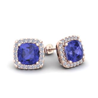 2 1/4 Carat Cushion Cut Tanzanite and Halo Diamond Stud Earrings In 14 Karat Rose Gold