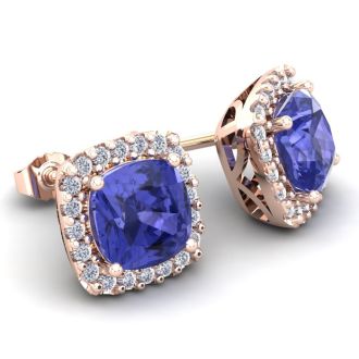 2 1/4 Carat Cushion Cut Tanzanite and Halo Diamond Stud Earrings In 14 Karat Rose Gold