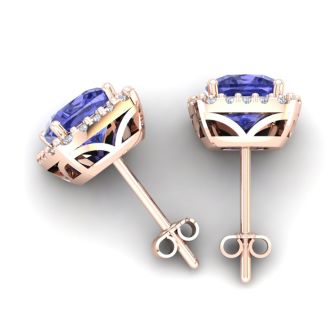 2 1/4 Carat Cushion Cut Tanzanite and Halo Diamond Stud Earrings In 14 Karat Rose Gold