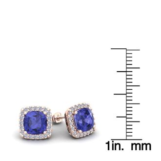 2 1/4 Carat Cushion Cut Tanzanite and Halo Diamond Stud Earrings In 14 Karat Rose Gold