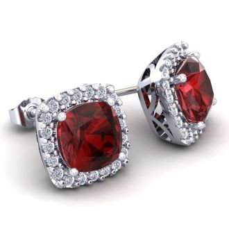 Garnet Earrings: Garnet Jewelry: 2 1/2 Carat Cushion Cut Garnet and Halo Diamond Stud Earrings In 14 Karat White Gold
