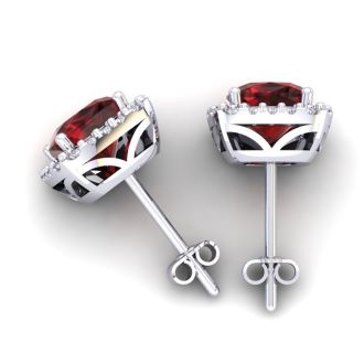 Garnet Earrings: Garnet Jewelry: 2 1/2 Carat Cushion Cut Garnet and Halo Diamond Stud Earrings In 14 Karat White Gold
