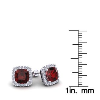 Garnet Earrings: Garnet Jewelry: 2 1/2 Carat Cushion Cut Garnet and Halo Diamond Stud Earrings In 14 Karat White Gold