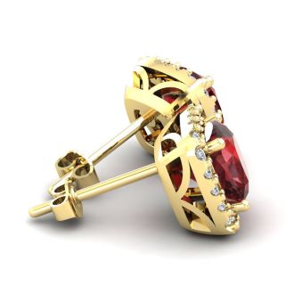 Garnet Earrings: Garnet Jewelry: 2 1/2 Carat Cushion Cut Garnet and Halo Diamond Stud Earrings In 14 Karat Yellow Gold