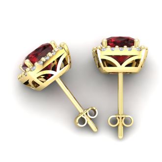 Garnet Earrings: Garnet Jewelry: 2 1/2 Carat Cushion Cut Garnet and Halo Diamond Stud Earrings In 14 Karat Yellow Gold