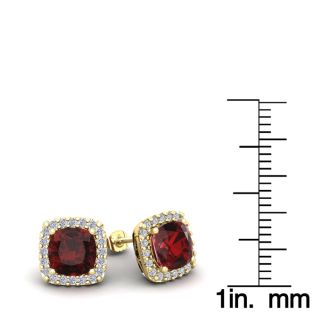 Garnet Earrings: Garnet Jewelry: 2 1/2 Carat Cushion Cut Garnet and Halo Diamond Stud Earrings In 14 Karat Yellow Gold