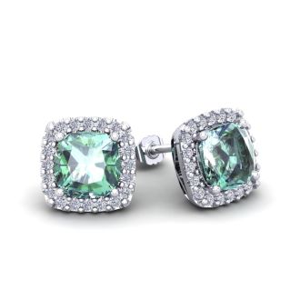 2 Carat Cushion Cut Green Amethyst and Halo Diamond Stud Earrings In 14 Karat White Gold