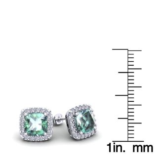 2 Carat Cushion Cut Green Amethyst and Halo Diamond Stud Earrings In 14 Karat White Gold