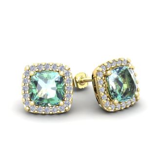 2 Carat Cushion Cut Green Amethyst and Halo Diamond Stud Earrings In 14 Karat Yellow Gold