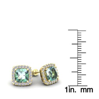 2 Carat Cushion Cut Green Amethyst and Halo Diamond Stud Earrings In 14 Karat Yellow Gold