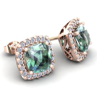 2 Carat Cushion Cut Green Amethyst and Halo Diamond Stud Earrings In 14 Karat Rose Gold