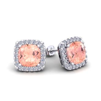 2 Carat Cushion Shape Morganite Earrings and Diamond Halo In 14 Karat White Gold