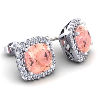 2 Carat Cushion Shape Morganite Earrings and Diamond Halo In 14 Karat White Gold