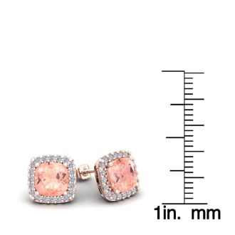 2 Carat Cushion Shape Morganite Earrings and Diamond Halo In 14 Karat Rose Gold