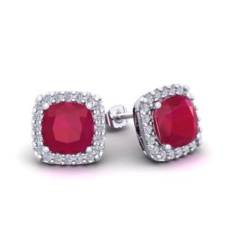 3 Carat Cushion Cut Ruby and Halo Diamond Stud Earrings In 14 Karat White Gold