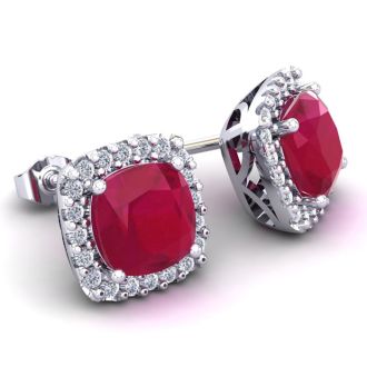 3 Carat Cushion Cut Ruby and Halo Diamond Stud Earrings In 14 Karat White Gold