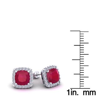 3 Carat Cushion Cut Ruby and Halo Diamond Stud Earrings In 14 Karat White Gold