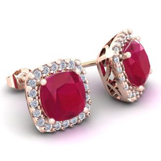 3 Carat Cushion Cut Ruby and Halo Diamond Stud Earrings In 14 Karat Rose Gold