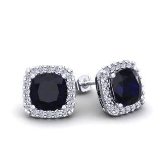 2 1/3 Carat Cushion Cut Sapphire and Halo Diamond Stud Earrings In 14 Karat White Gold