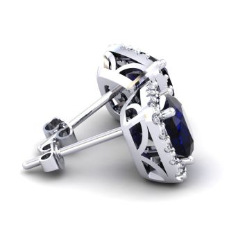 2 1/3 Carat Cushion Cut Sapphire and Halo Diamond Stud Earrings In 14 Karat White Gold