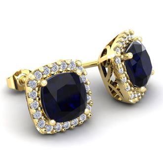 2 1/3 Carat Cushion Cut Sapphire and Halo Diamond Stud Earrings In 14 Karat Yellow Gold