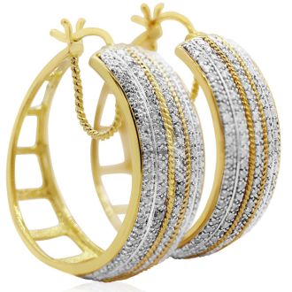Large 2 Carat Five Row Natural Diamond Hoop Earrings, 1 1/2 Inches