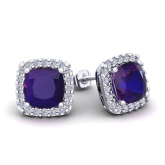 3 1/2 Carat Cushion Cut Amethyst and Halo Diamond Stud Earrings In 14 Karat White Gold