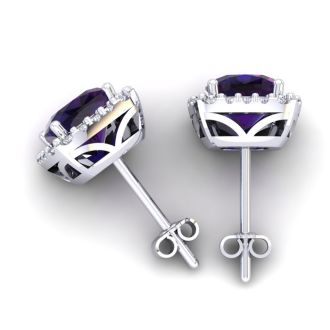 3 1/2 Carat Cushion Cut Amethyst and Halo Diamond Stud Earrings In 14 Karat White Gold