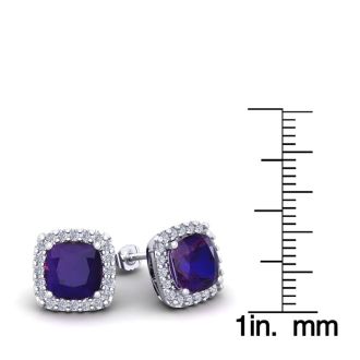 3 1/2 Carat Cushion Cut Amethyst and Halo Diamond Stud Earrings In 14 Karat White Gold