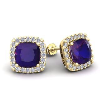 3 1/2 Carat Cushion Cut Amethyst and Halo Diamond Stud Earrings In 14 Karat Yellow Gold