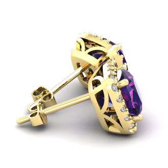 3 1/2 Carat Cushion Cut Amethyst and Halo Diamond Stud Earrings In 14 Karat Yellow Gold