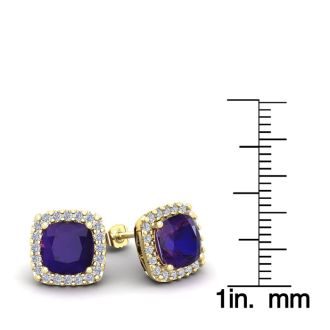 3 1/2 Carat Cushion Cut Amethyst and Halo Diamond Stud Earrings In 14 Karat Yellow Gold