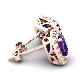 3 1/2 Carat Cushion Cut Amethyst and Halo Diamond Stud Earrings In 14 Karat Rose Gold