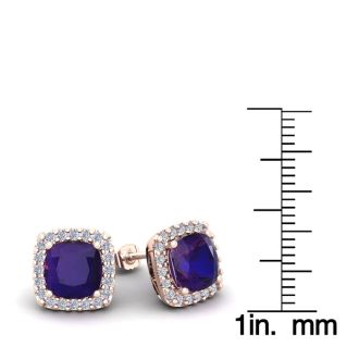 3 1/2 Carat Cushion Cut Amethyst and Halo Diamond Stud Earrings In 14 Karat Rose Gold