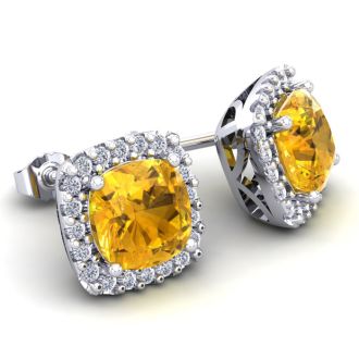 3 1/2 Carat Cushion Cut Citrine and Halo Diamond Stud Earrings In 14 Karat White Gold