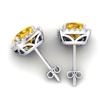 3 1/2 Carat Cushion Cut Citrine and Halo Diamond Stud Earrings In 14 Karat White Gold