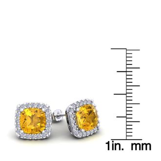 3 1/2 Carat Cushion Cut Citrine and Halo Diamond Stud Earrings In 14 Karat White Gold