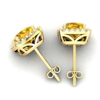 3 1/2 Carat Cushion Cut Citrine and Halo Diamond Stud Earrings In 14 Karat Yellow Gold