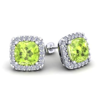 3 1/3 Carat Cushion Cut Peridot and Halo Diamond Stud Earrings In 14 Karat White Gold