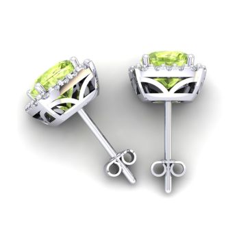 3 1/3 Carat Cushion Cut Peridot and Halo Diamond Stud Earrings In 14 Karat White Gold