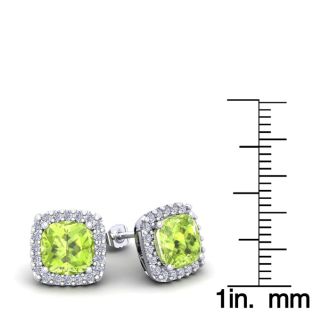 3 1/3 Carat Cushion Cut Peridot and Halo Diamond Stud Earrings In 14 Karat White Gold