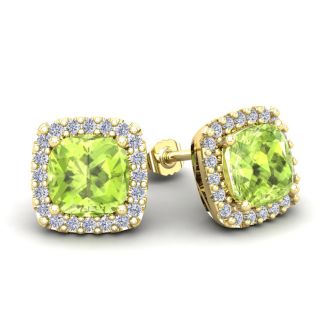 3 1/3 Carat Cushion Cut Peridot and Halo Diamond Stud Earrings In 14 Karat Yellow Gold