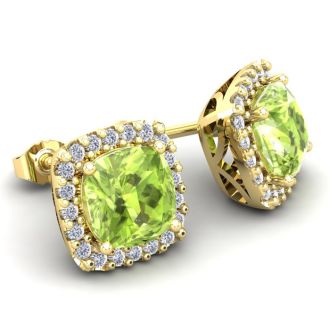 3 1/3 Carat Cushion Cut Peridot and Halo Diamond Stud Earrings In 14 Karat Yellow Gold