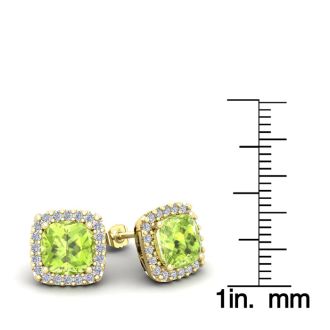 3 1/3 Carat Cushion Cut Peridot and Halo Diamond Stud Earrings In 14 Karat Yellow Gold